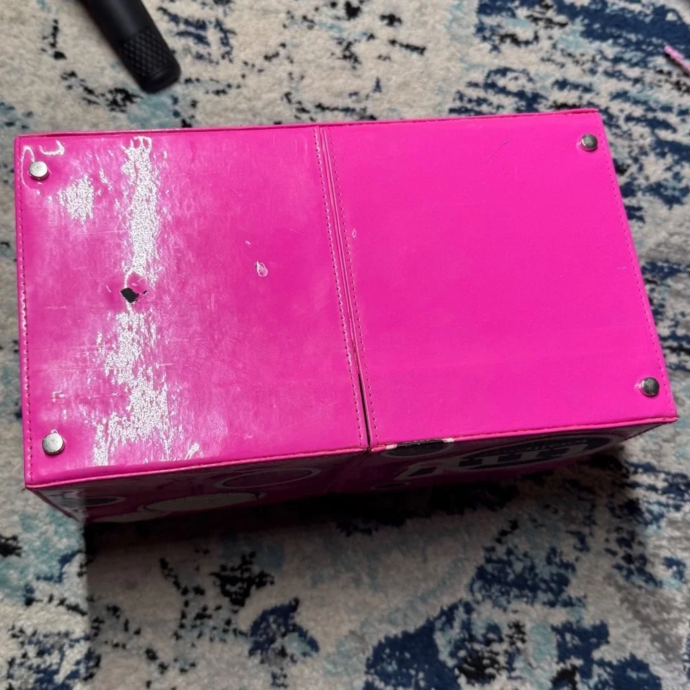 Vintage Pink Black Heart Shaped Makeup Train Case Vanity Mirror Box Y2K Storage